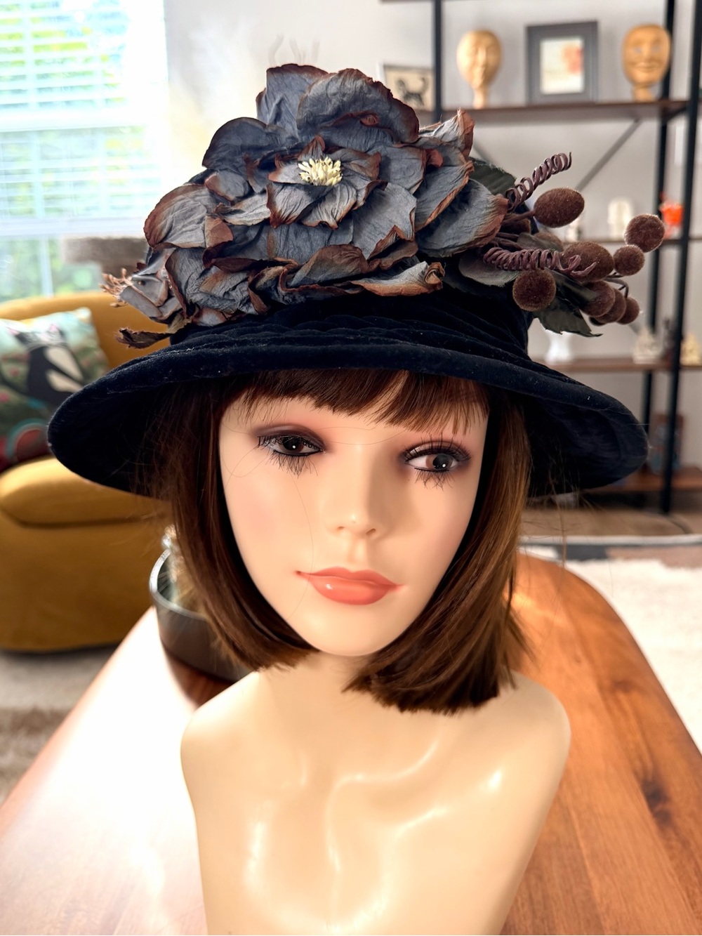Black Velvet Floral Cloche Hat Victorian Gothic Statement Vintage Style